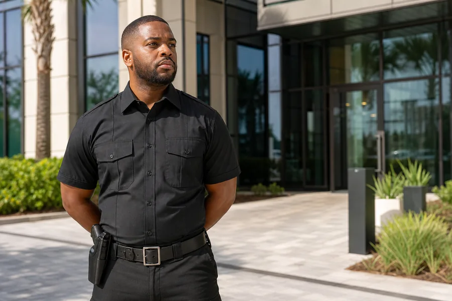 Professional armed security officer providing a visible deterrent at an Orlando commercial property