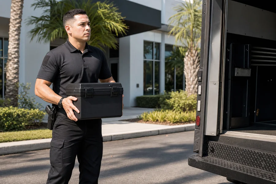 Armed security officer protecting a secure cash and asset transport in Orlando