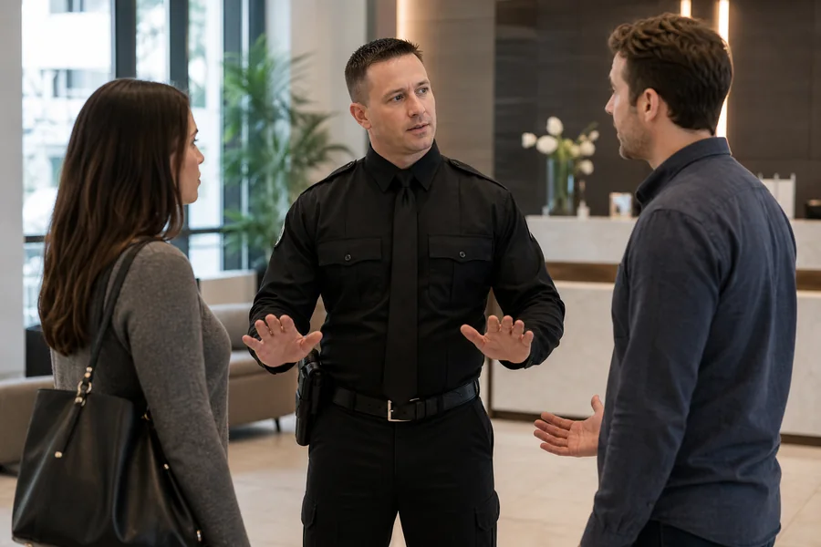 Professional security officer calmly de-escalating a disagreement in a commercial lobby