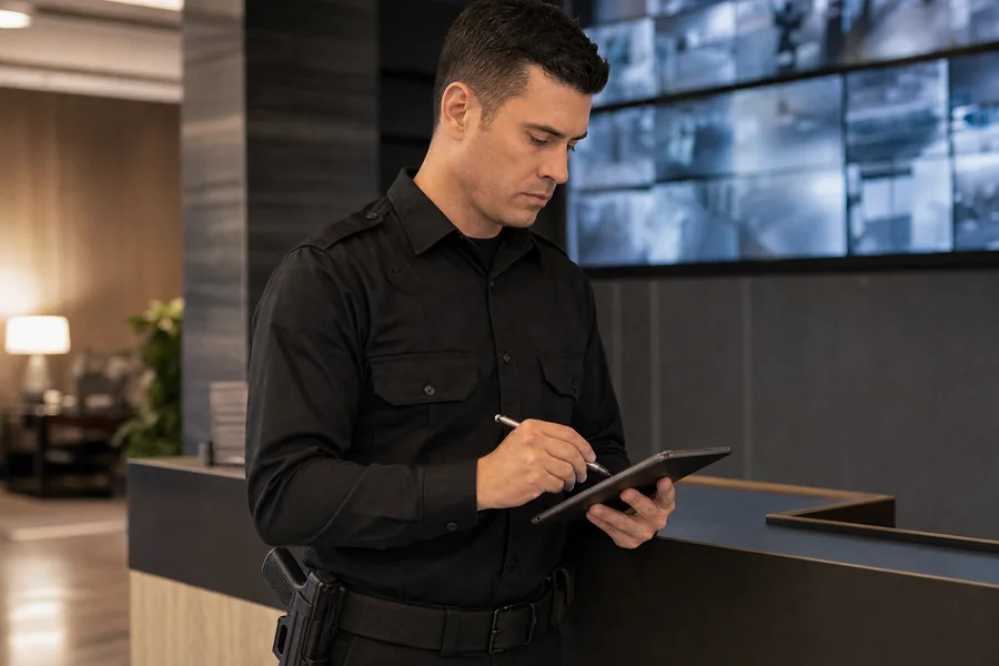 Security officer completing a detailed digital incident report after patrol