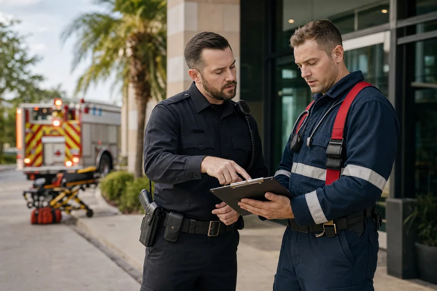 Security officer coordinating an emergency response with professional responders in Orlando