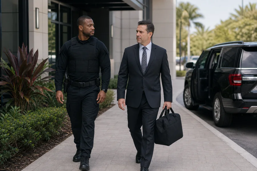 Professional armed security officer providing a secure business escort in Orlando