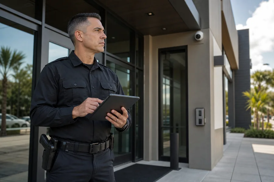 Security supervisor conducting a commercial property threat assessment in Orlando