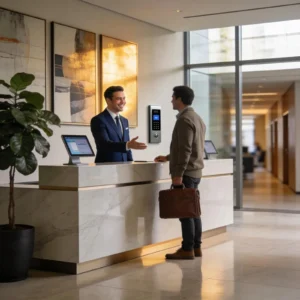 Concierge front desk providing professional security service in a modern commercial property