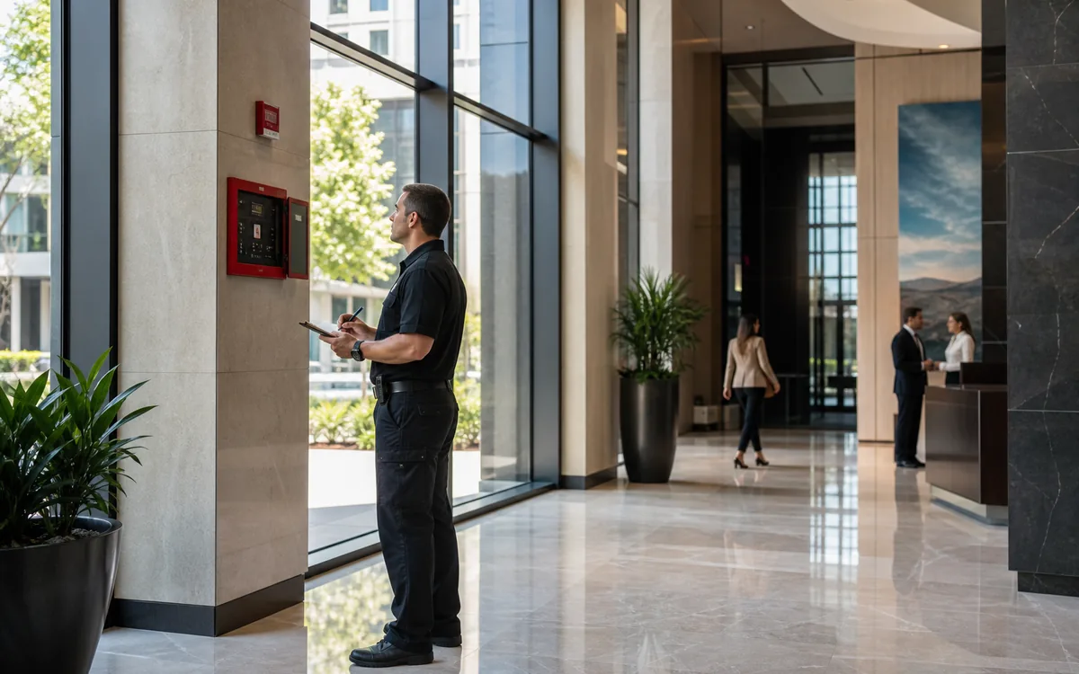 Fire watch security officer documenting a patrol inside a modern Orlando commercial office building