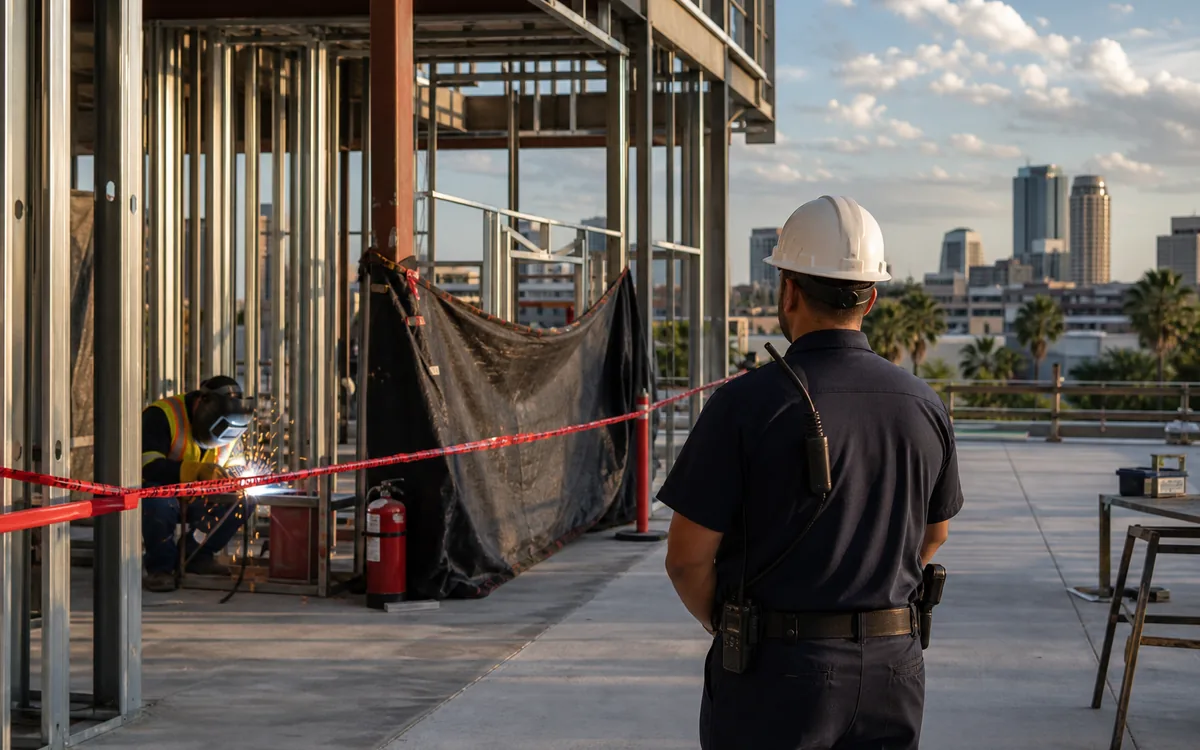 Fire watch security officer monitoring controlled hot work at an Orlando construction site