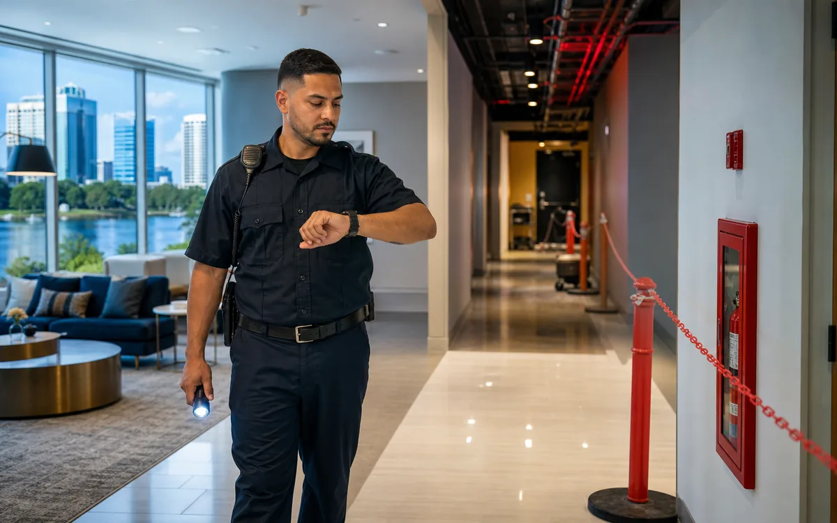 Fire watch officer checking a scheduled patrol interval inside an Orlando commercial property