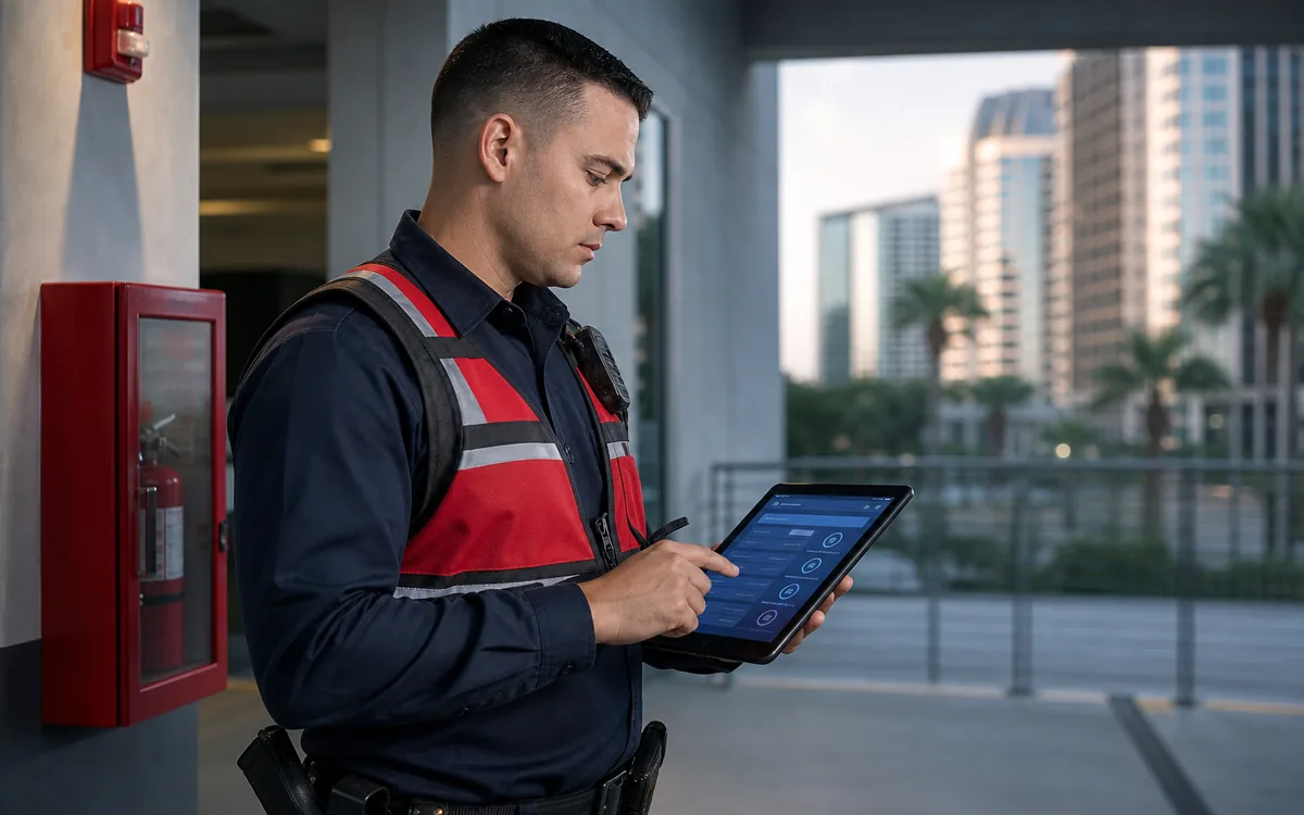 Fire watch officer completing a detailed digital patrol log on a tablet
