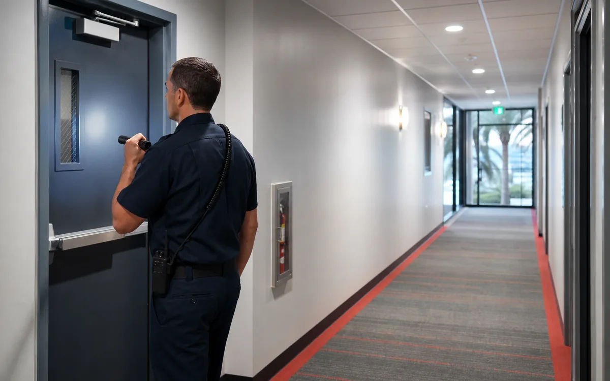Fire watch officer inspecting a fire door and unobstructed egress route