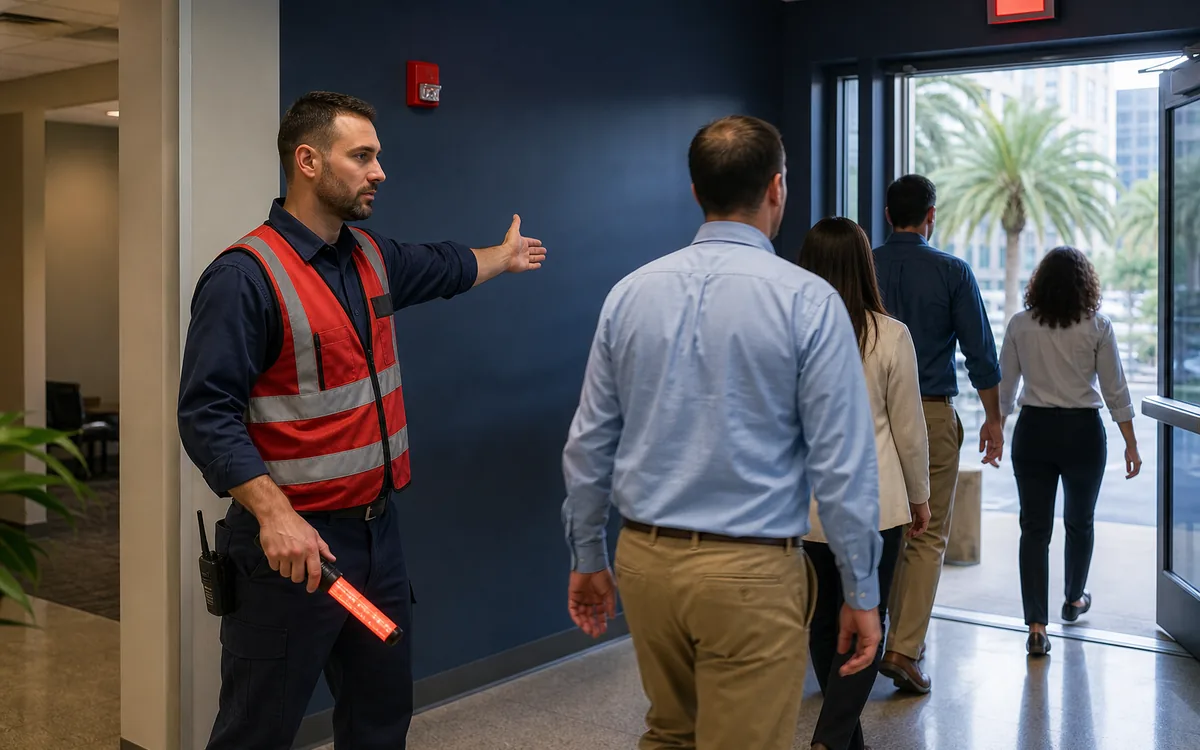 Fire watch officer directing occupants toward a safe exit during an orderly evacuation