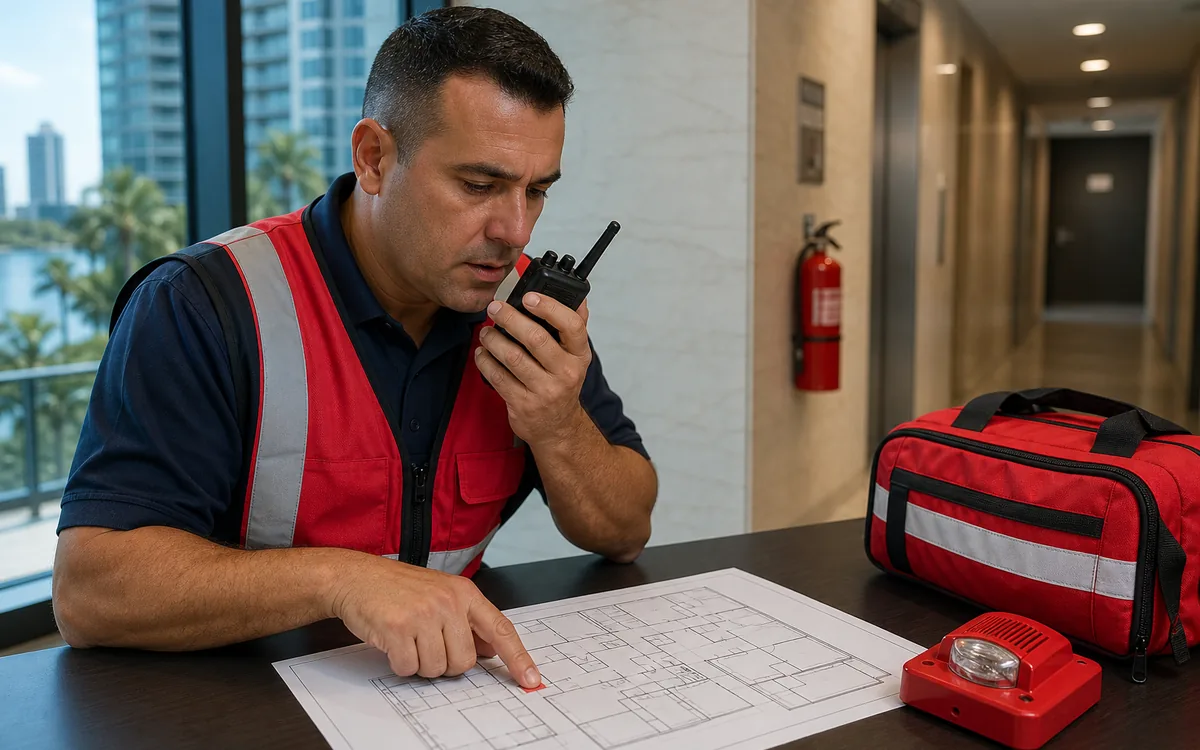 Fire watch officer notifying emergency responders while identifying a building location