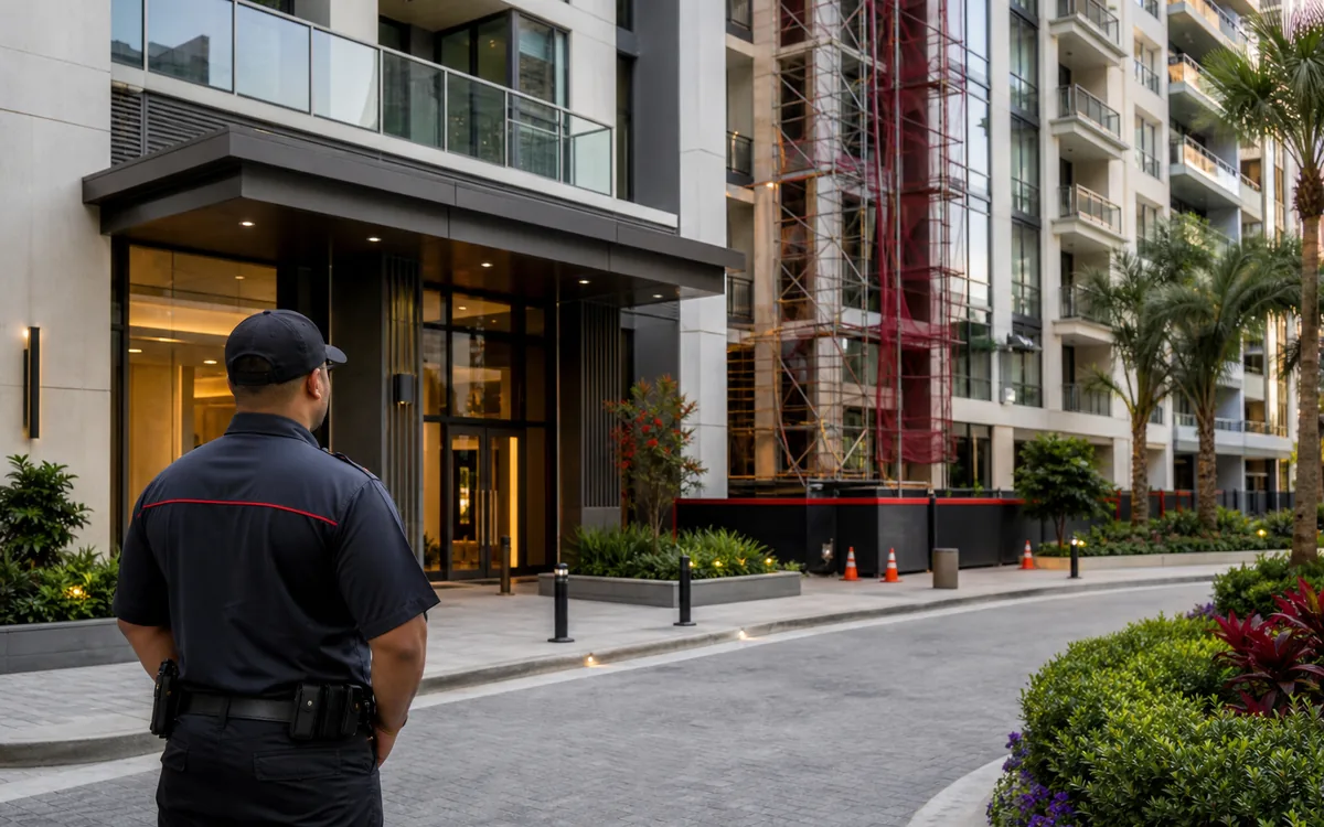 Fire watch security officer monitoring an Orlando high-rise condominium during a sprinkler retrofit