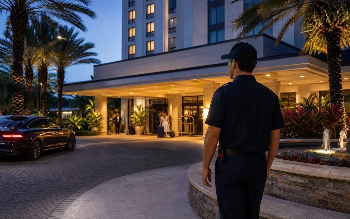Fire watch security officer patrolling an upscale Orlando hotel entrance
