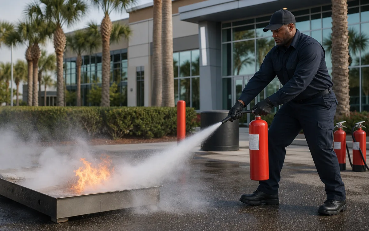 Fire watch officer safely using a portable extinguisher during a controlled training exercise
