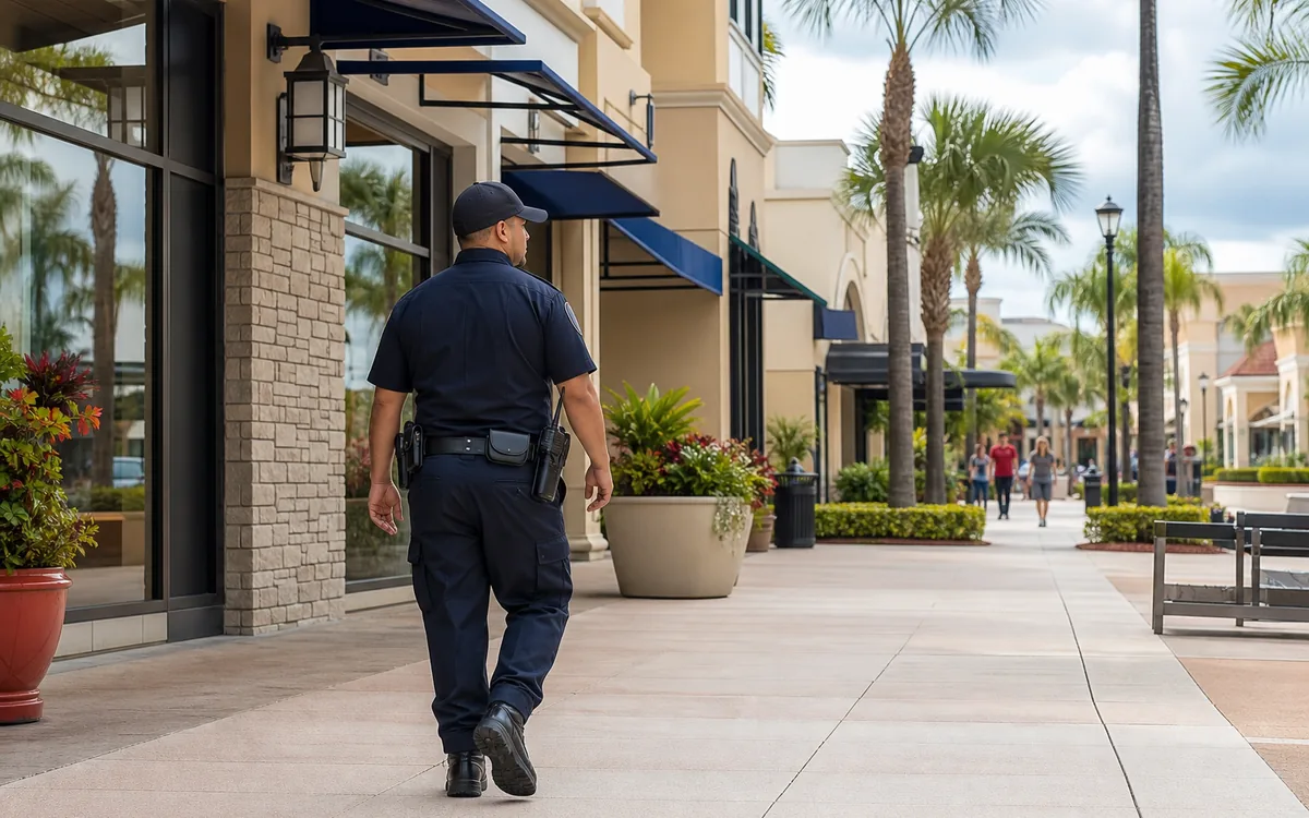Fire watch security officer patrolling an Orlando retail center and shopping plaza