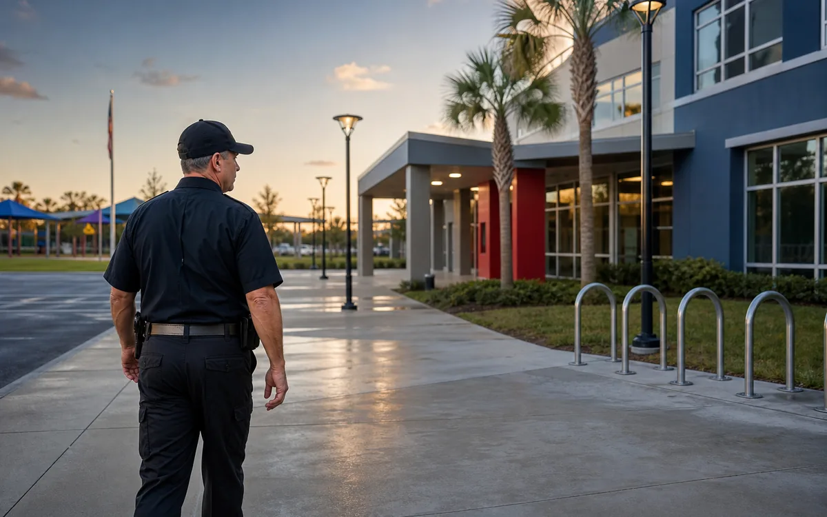 Fire watch security officer conducting an after-hours patrol at an Orlando school campus