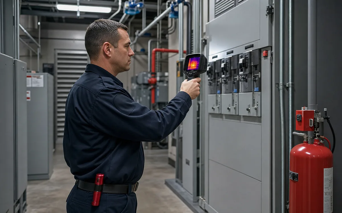 Fire watch officer using a thermal device to inspect electrical equipment for heat hazards