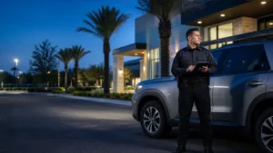 Mobile patrol security officer beside a patrol vehicle at an Orlando commercial property