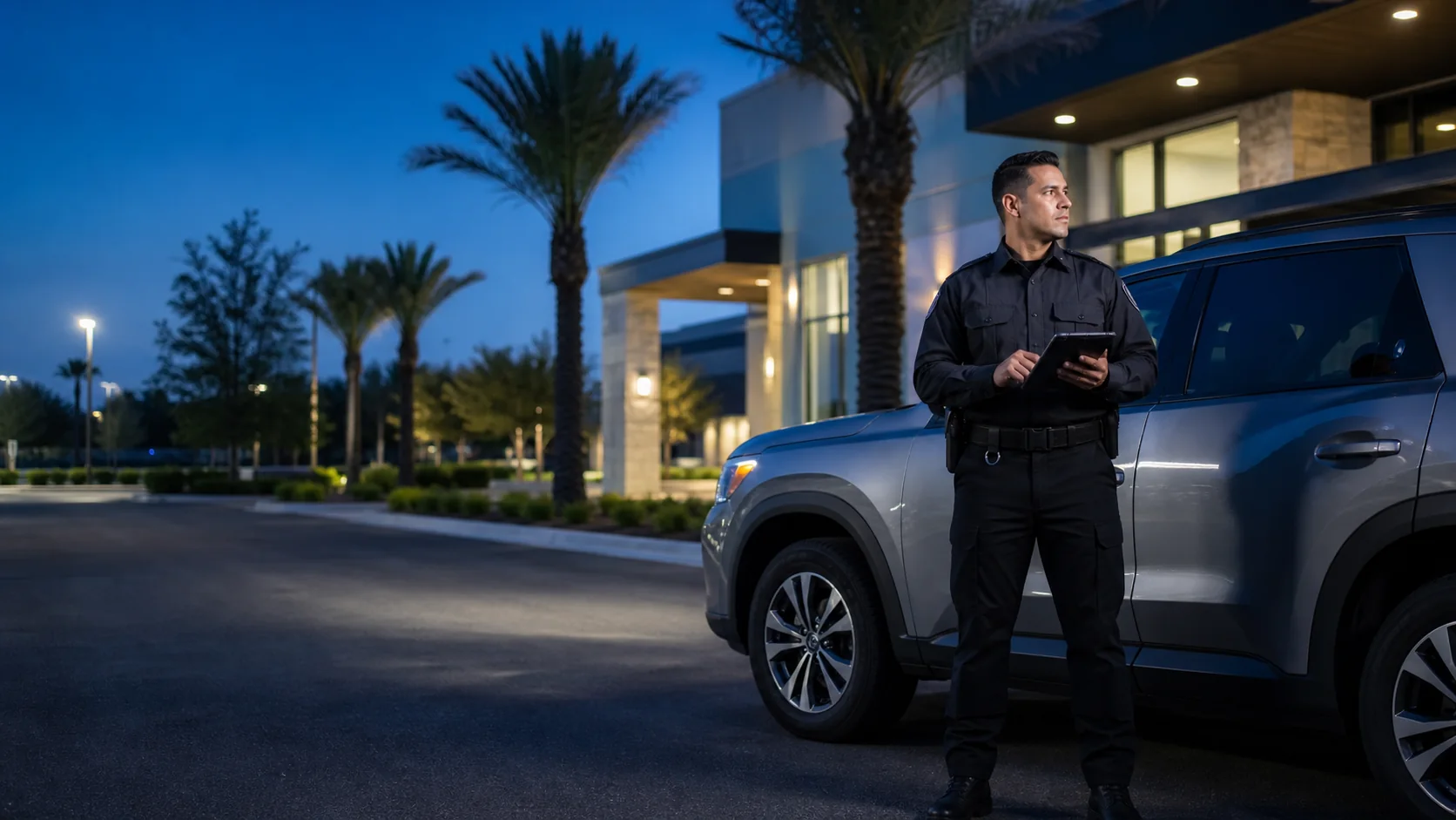 Mobile patrol security officer beside a patrol vehicle at an Orlando commercial property