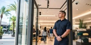 Professional unarmed security officer monitoring an Orlando retail storefront