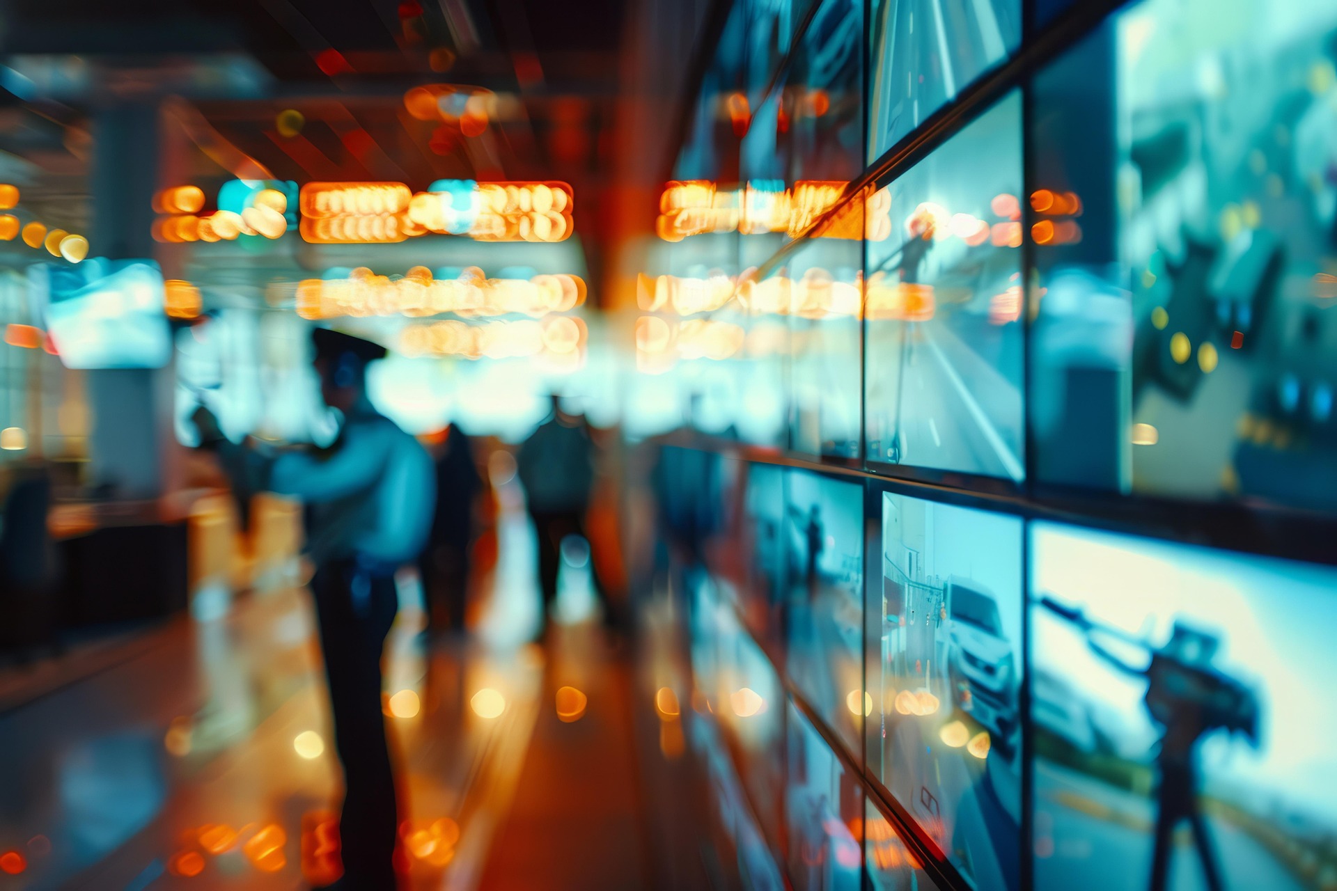 Security personnel monitoring surveillance screens in a control room, emphasizing professional security services and monitoring capabilities.