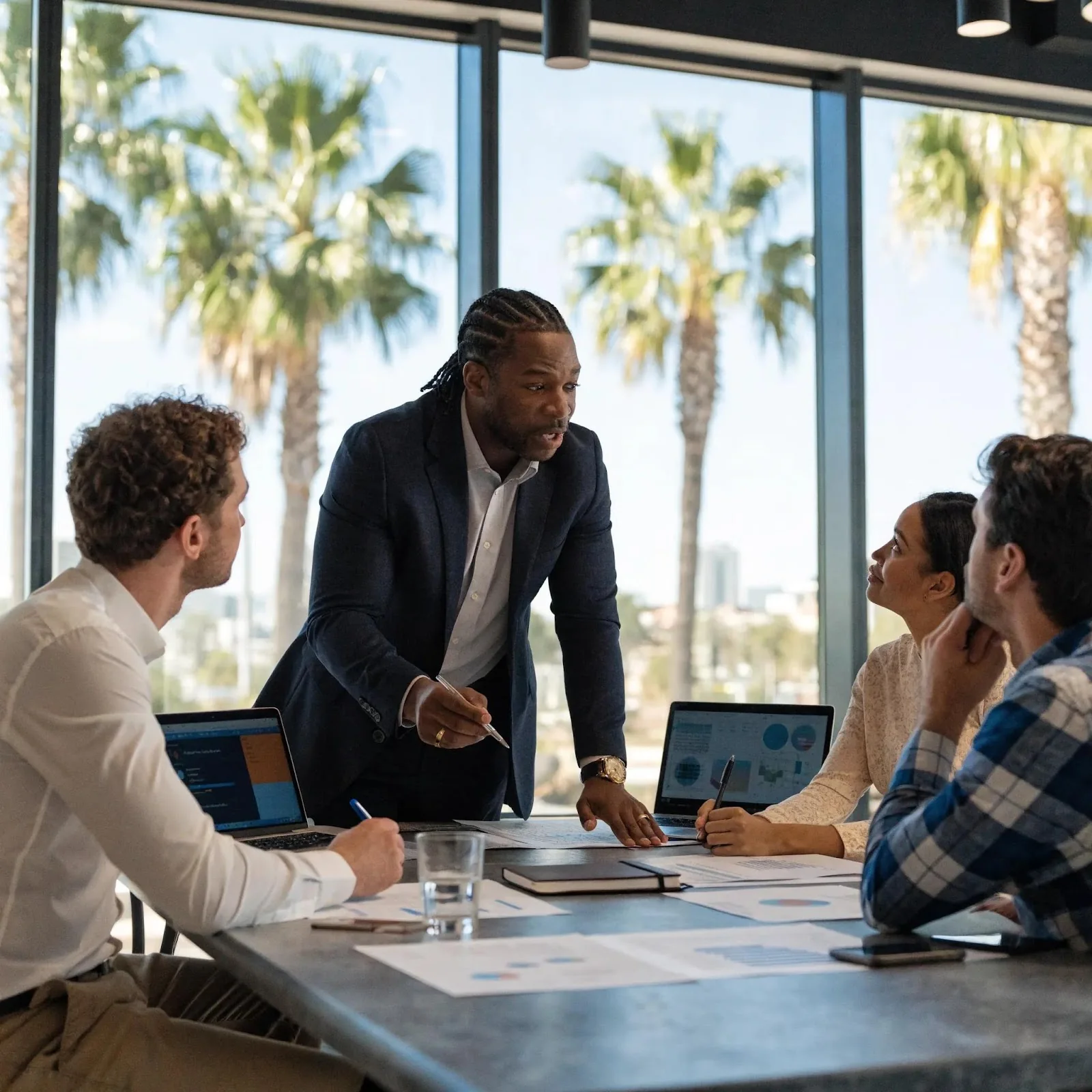 Security consultant discussing risk management strategies with a business team in Florida