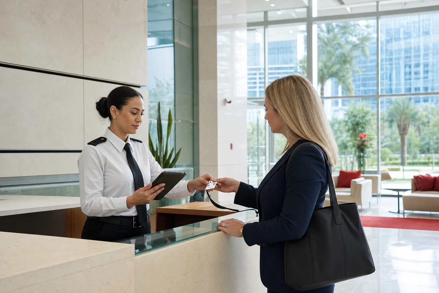 Security officer verifying visitor access in an Orlando office lobby