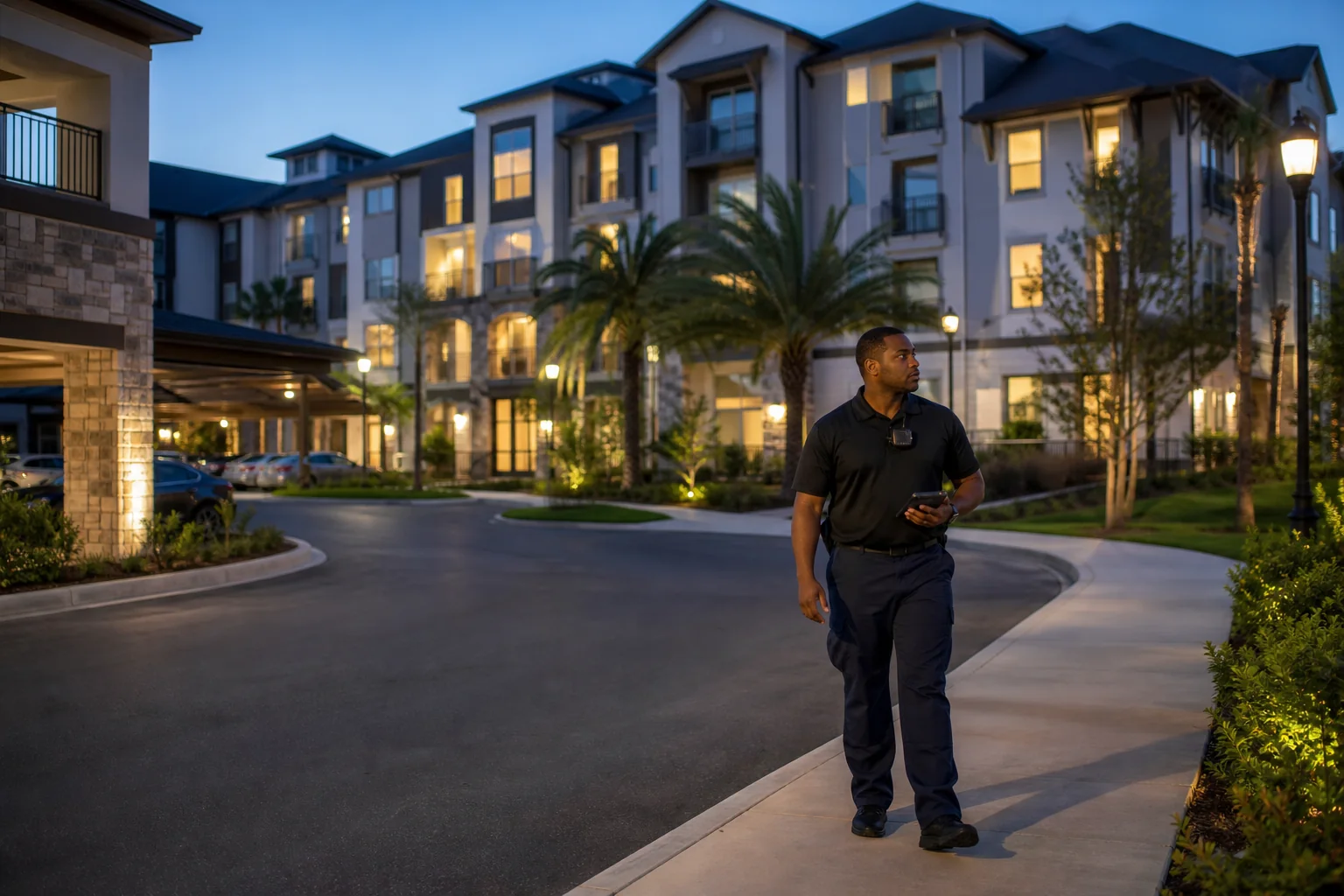 Unarmed security officer patrolling an Orlando apartment complex