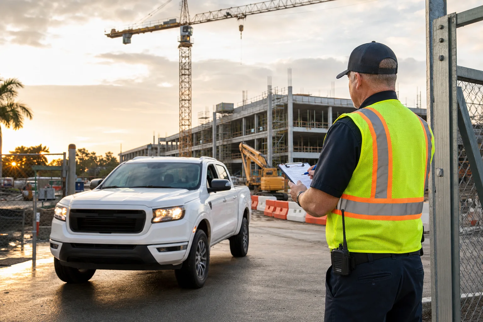Unarmed security officer controlling access at an Orlando construction site