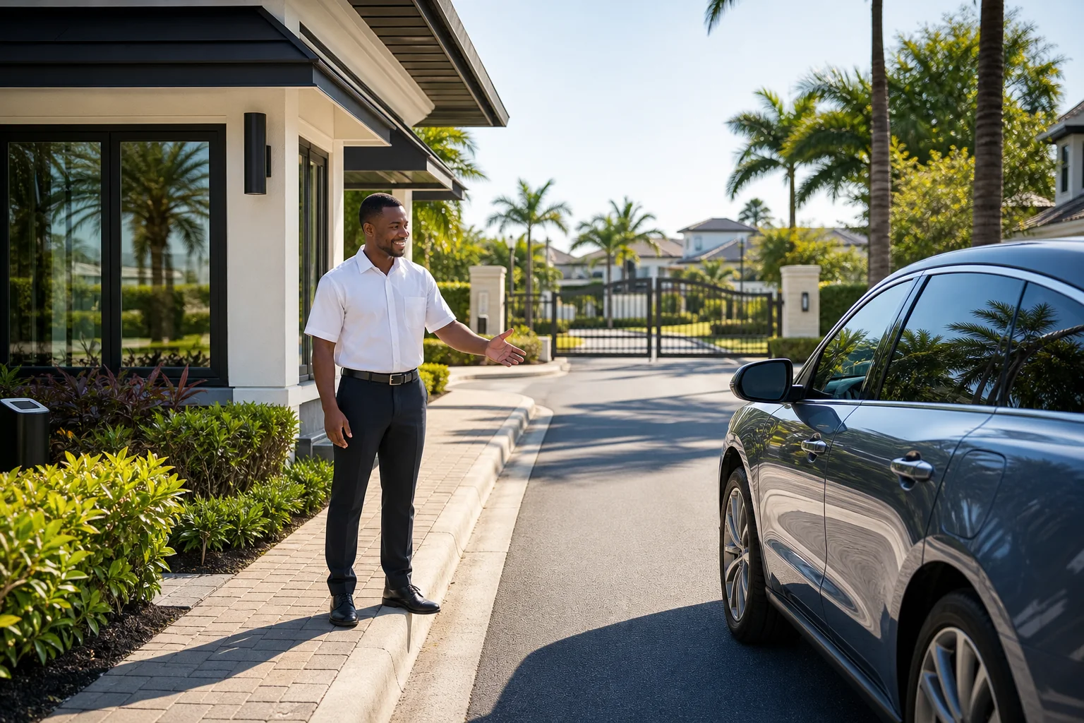 Unarmed security officer managing access at an Orlando gated community
