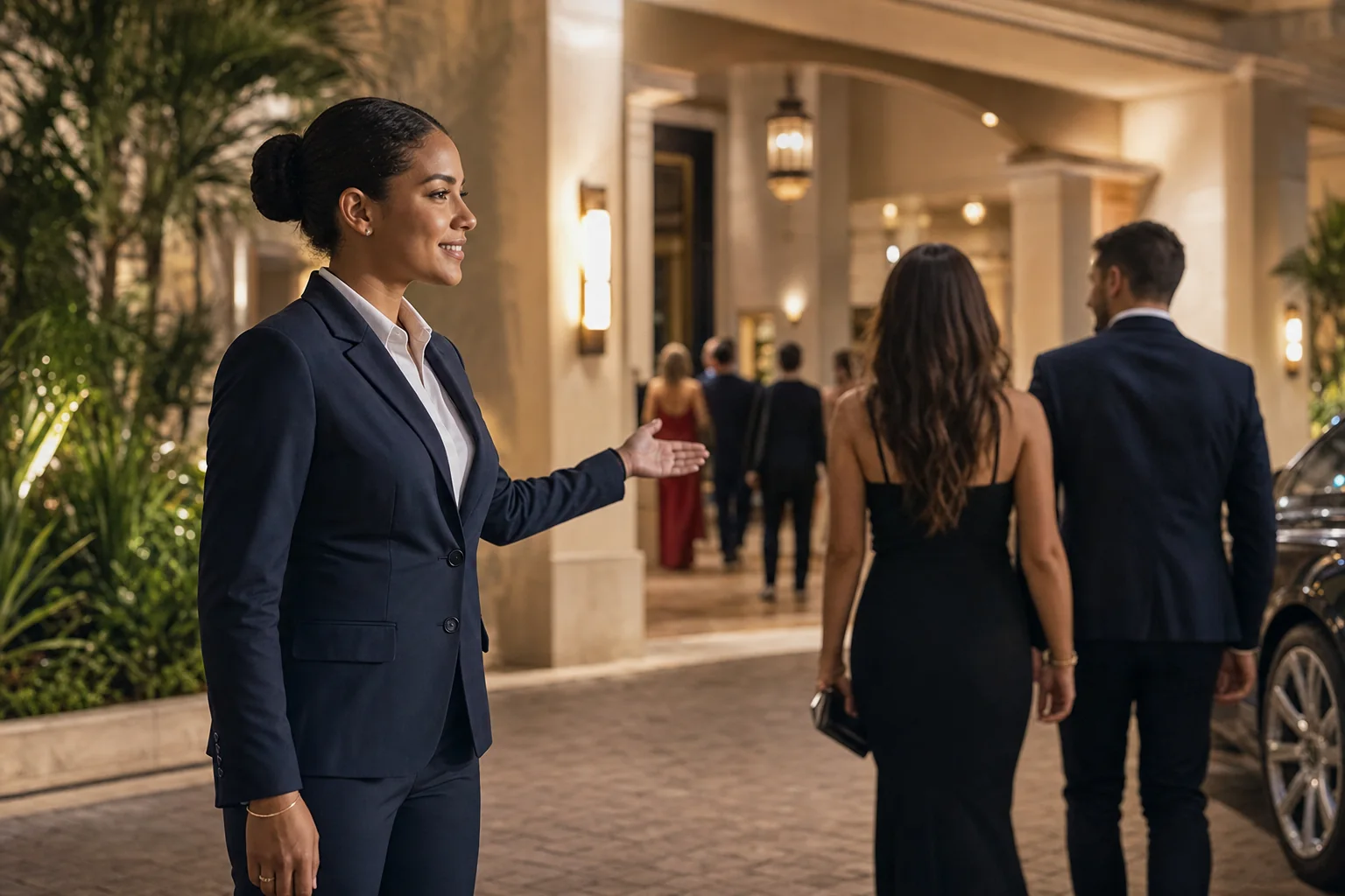 Hospitality security officer assisting guests at an Orlando hotel