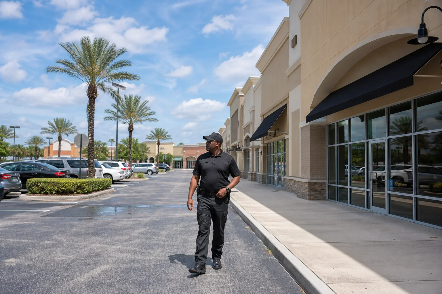 Unarmed security officer patrolling an Orlando retail plaza