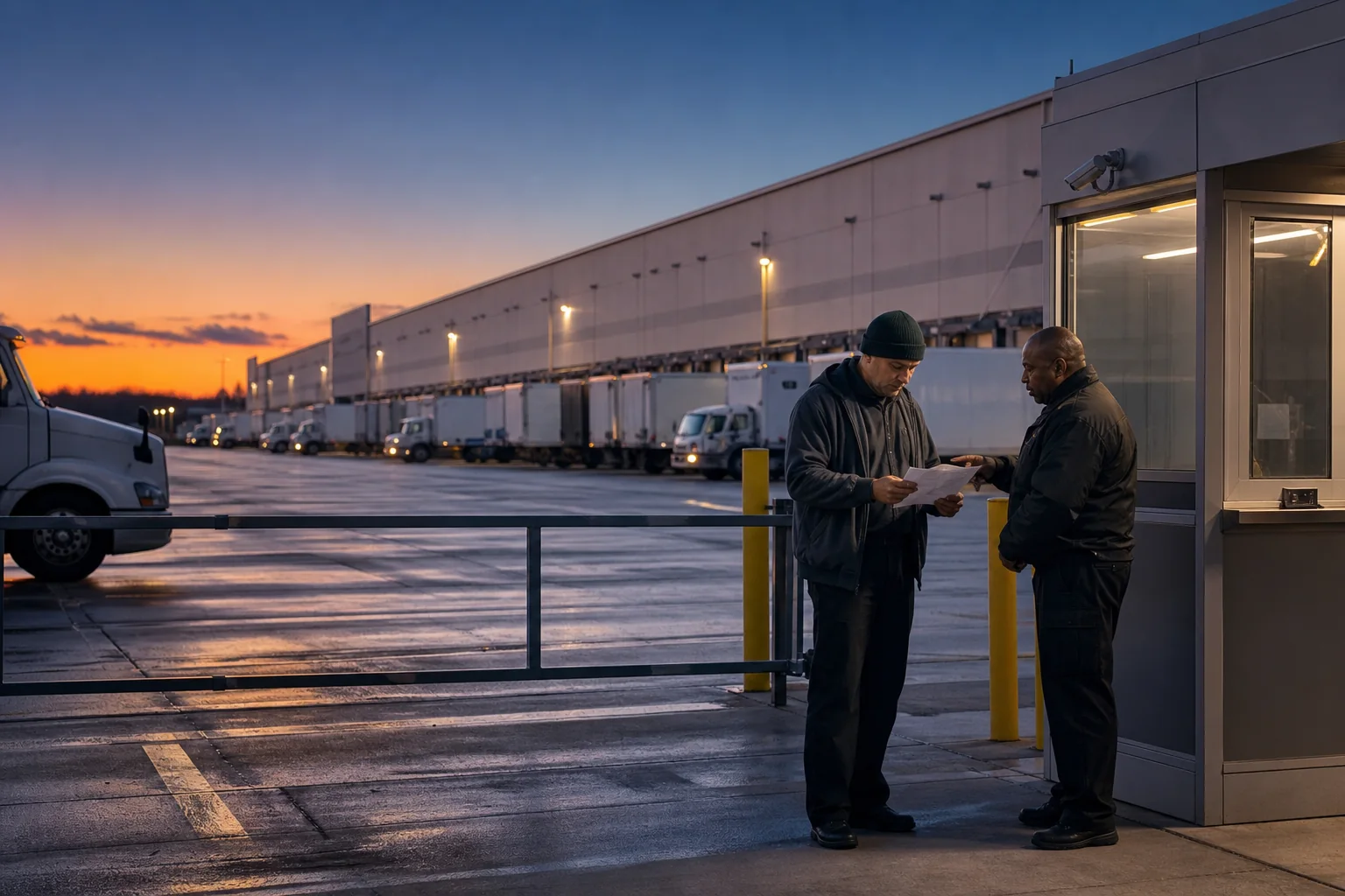 Unarmed security officer controlling access at an Orlando warehouse